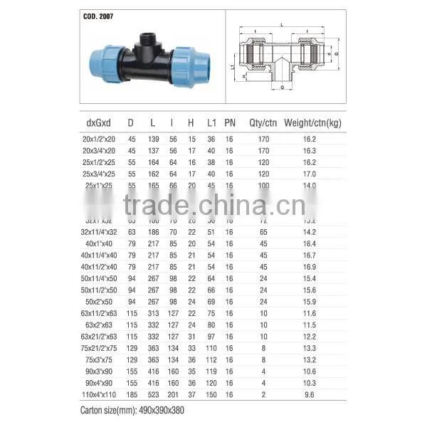 2014 90 TEE WITH THREADED MALE TAKE OFF PP COMPRESSION FITTINGS