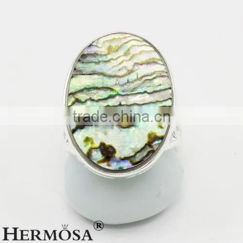Precious Rainbow Real Abalone Shell 925 Sterling Silver Oval Big Stone Ring