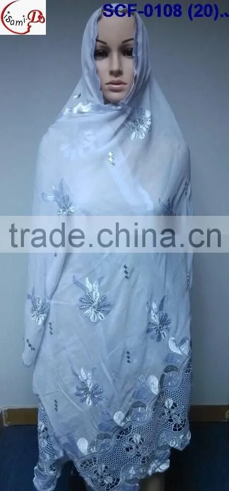 SCF -0108 white 2016 New coming design nice Muslim embroidery scarf ,shawls , pashmina shawl scarf , fashion women long scarf