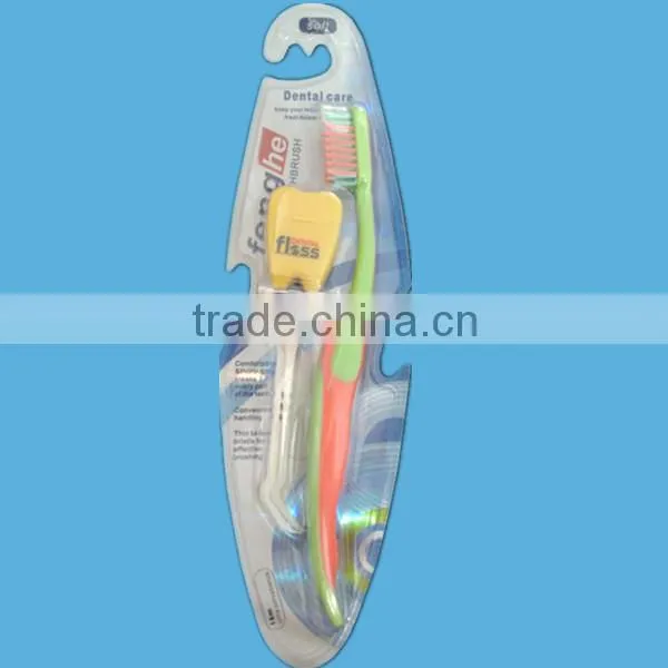 Nylon bristle tooth brush with dental floss and dental floss pick