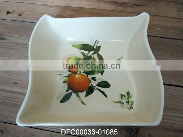Small Ceramic White Soup Plate/ Deep Dish with Orange Decal