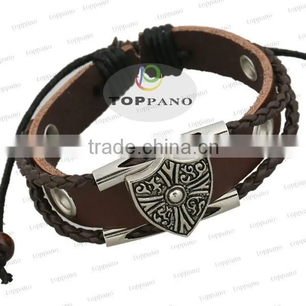 Stainless steel metal charm custom attractive men's brown leather bracelet