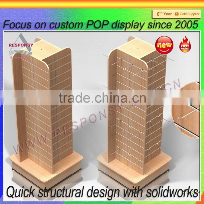 Custom double side floor slatwall retail store display/wood cloth display rack/wood display stand