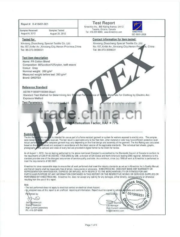Cotton/Nylon 88/12 Arc Flash Protective suit FR 7OZ UL fireproof fabric
