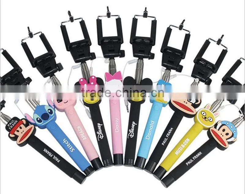 Most popular extendable cartoon selfie stick Wired monopod selfie stick for Smart phones and digital cameras