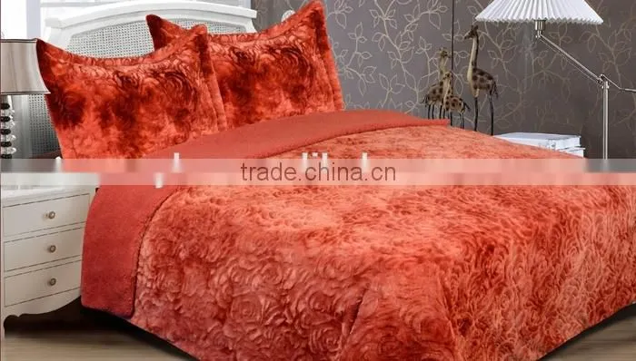 very warm and soft rose design PV plush throw blanket & bedding set