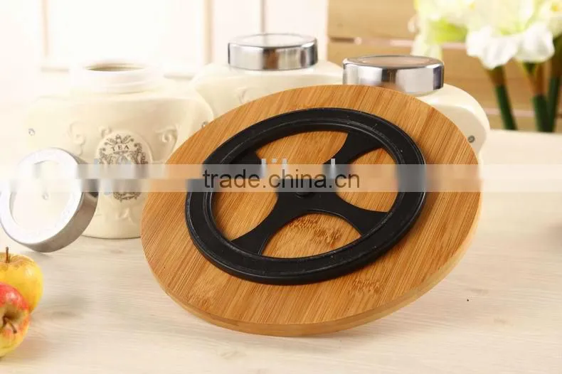 Ceramic canister set with turntable bamboo rack,ceramic food storage jar,ceramic kitchen sugar coffee tea jar
