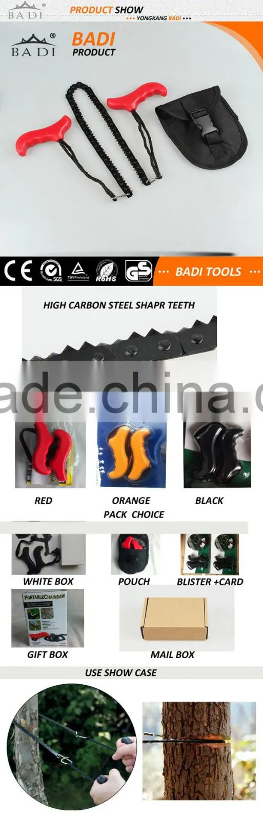 hot sale red handle pocket chain saw with chain and black pouch