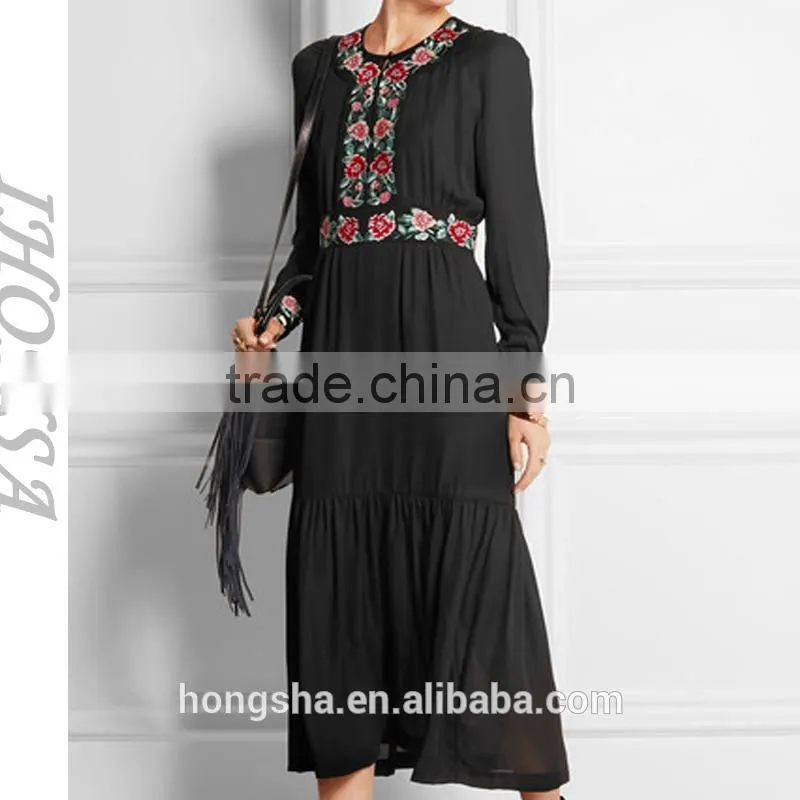 Long Sleeve Black Embroidery Dress Design Latest Women Hand Embroidery Design For Dress HSD6667