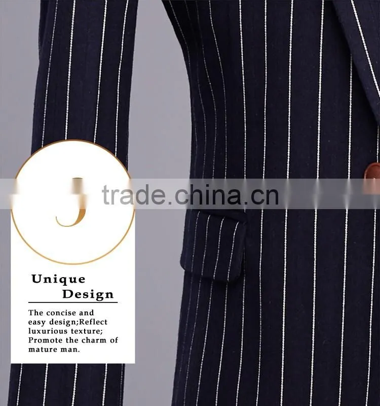 2017 latest design 3 pieces suits with long blazer waistcoat and pants dark blue stripe suite made in china