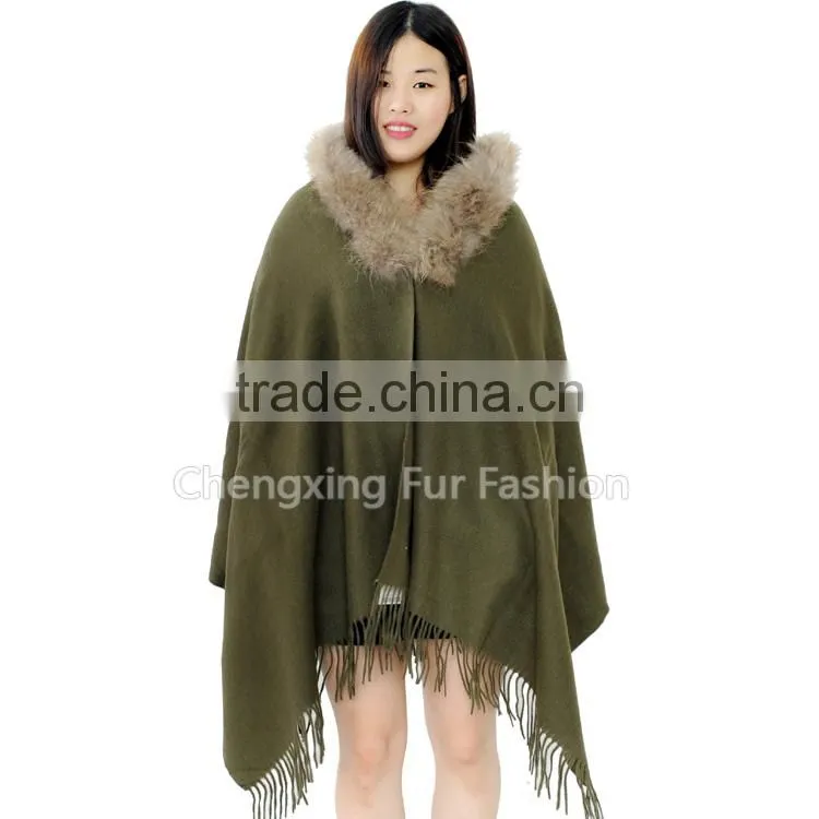 CX-B-P-43G 2016 New Product Noble Shawl Hand Made Wholesale Cashmere Capes And Raccoon Fur Trim Cape