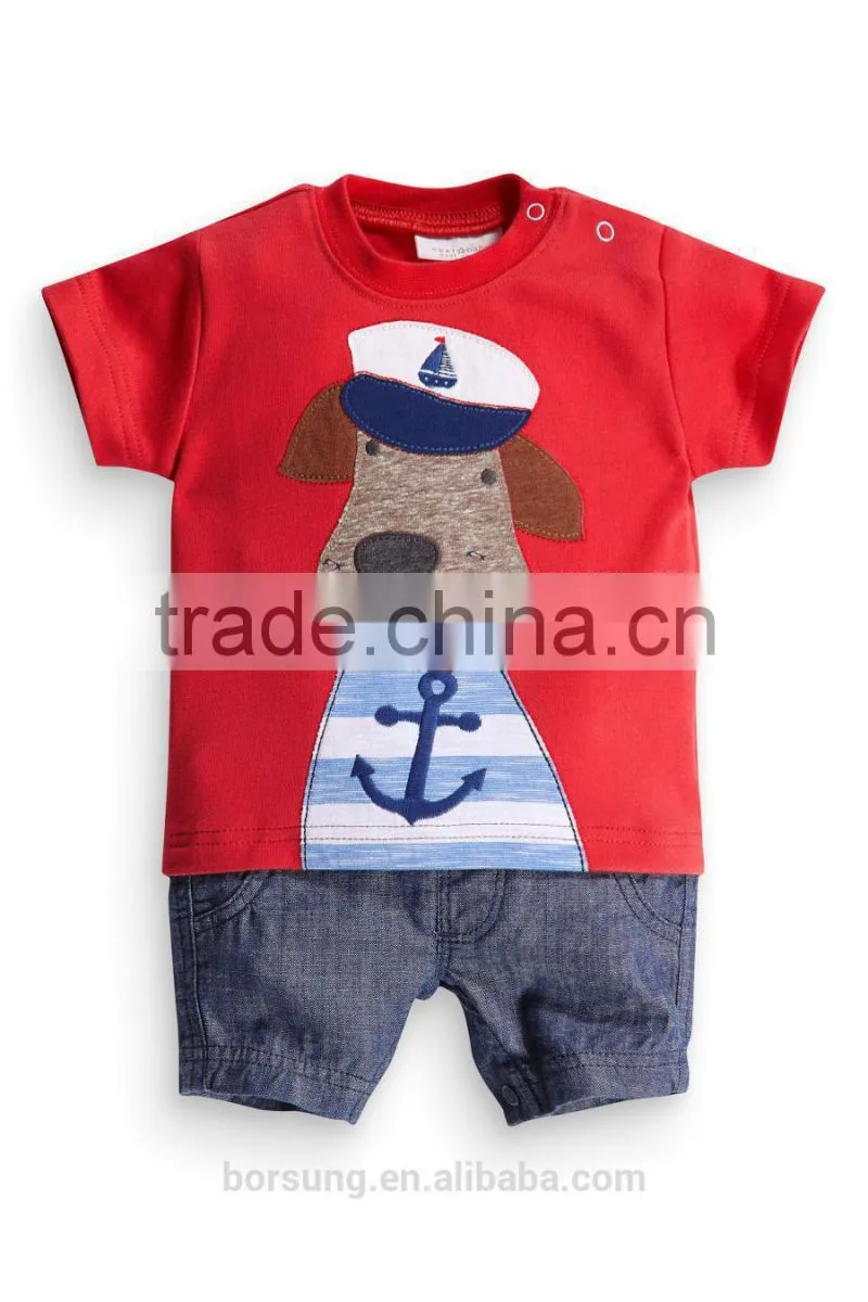 2015 Newest Arrival Short Sleeve Red Baby Toddler Clothes Printed Cartoon Dog Baby Clothing
