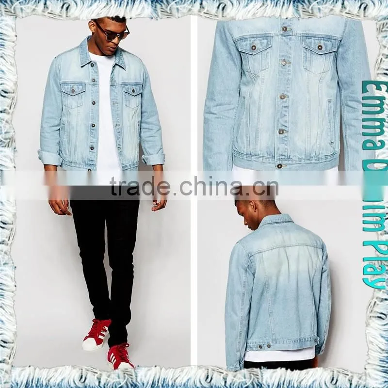 2016 Men's Dipped Bleach Washed Twill Blue Denim Jacket with Metal Button