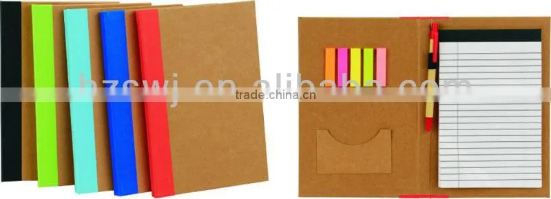 Kraft cover recycled notebook with sticky notes&flags with pinchcock 70grams 40sheets 19.5*11cm