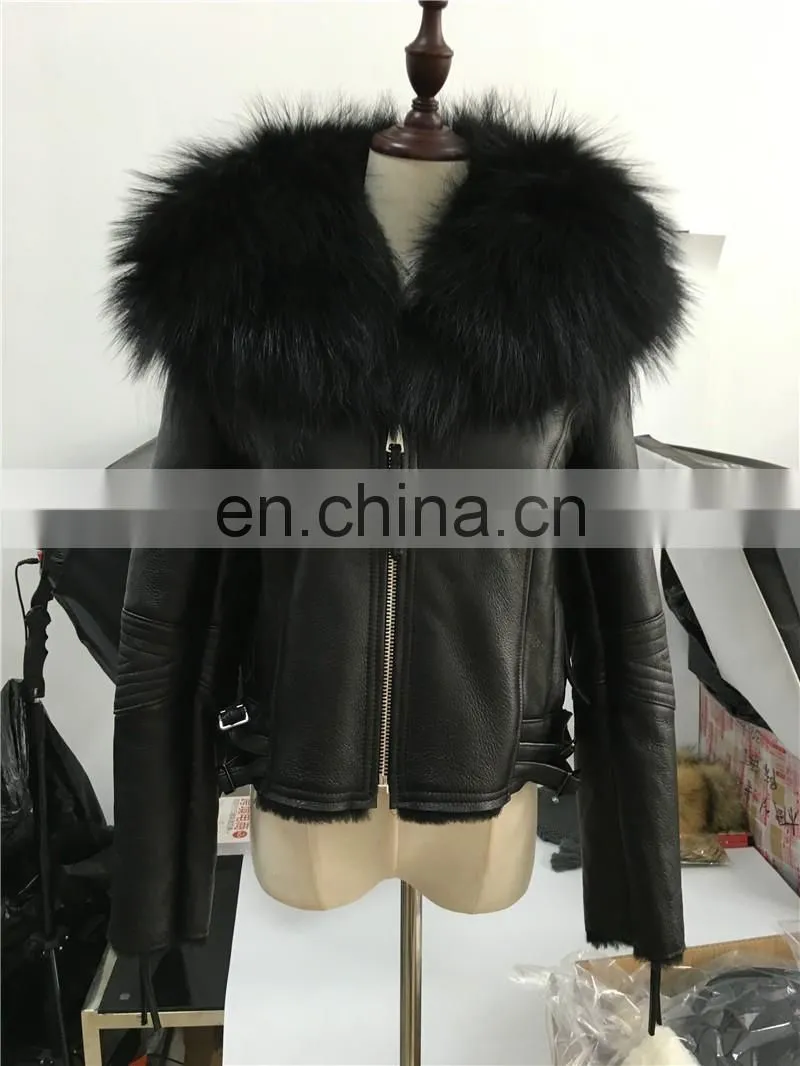 High Fashion Red Real Leather Jackets for Women / Raccoon Fur Collar Leather Jacket Made in China