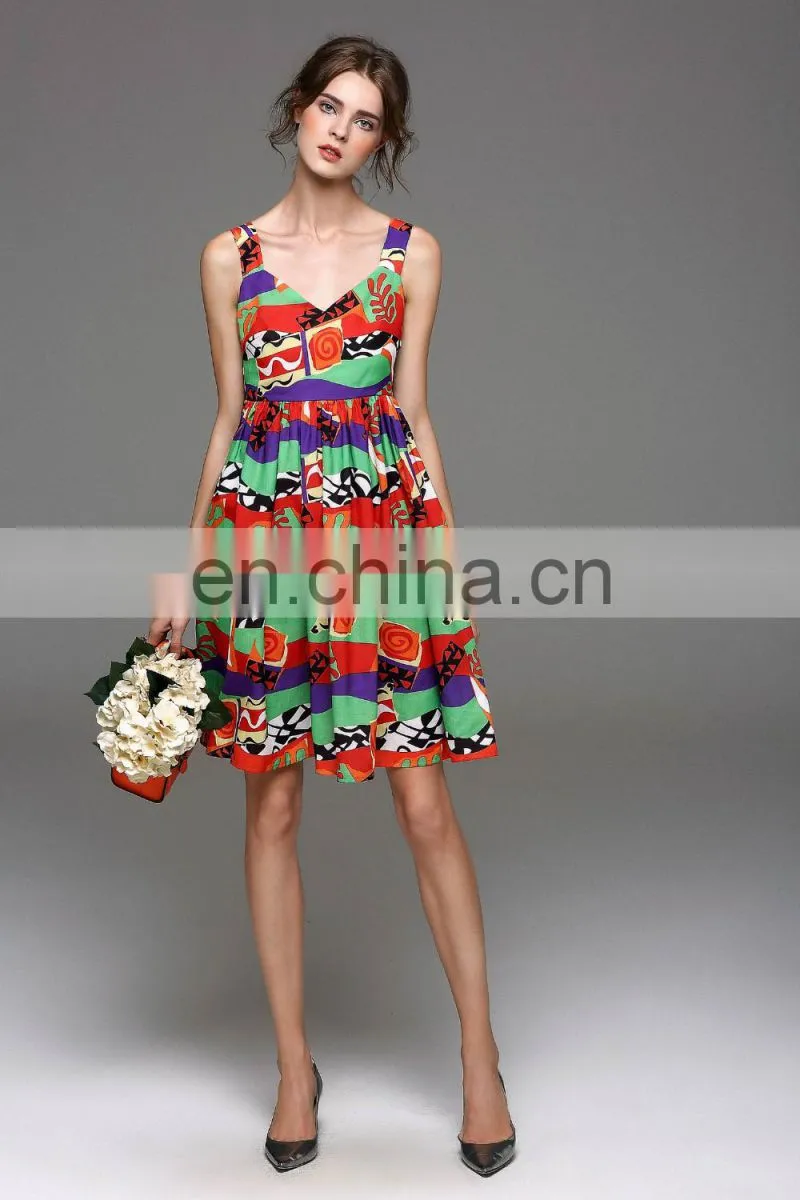 Ladies high quality linen v neck dress designs wide strap dress