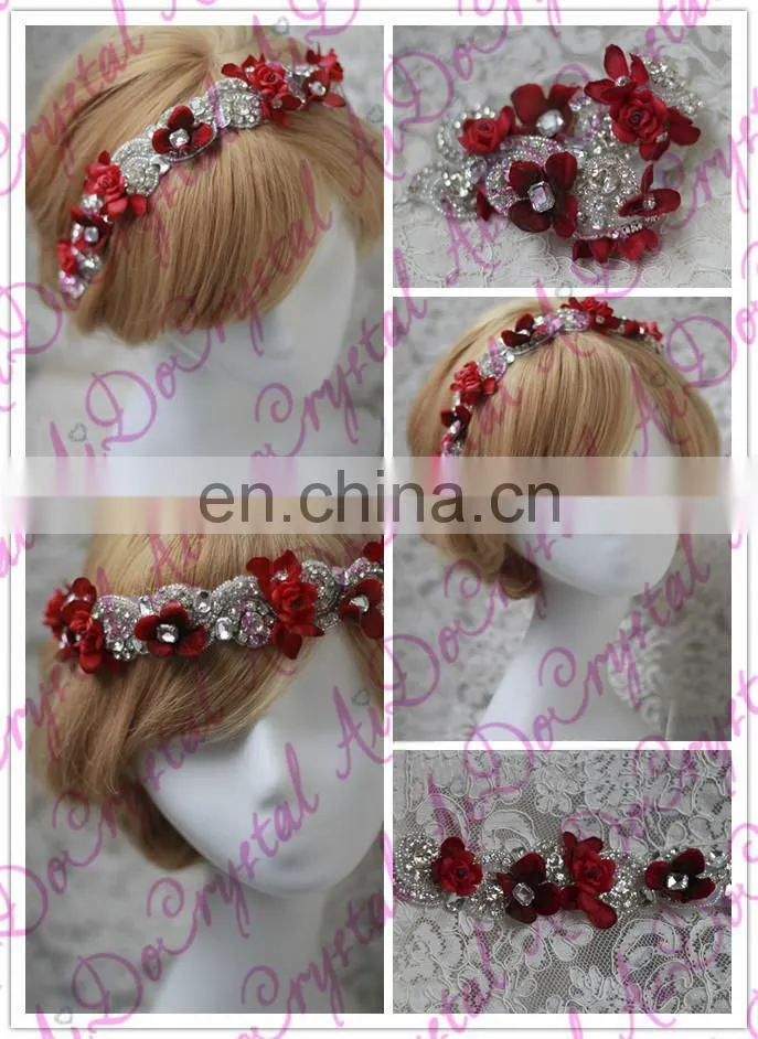 Aidocrystal Red vintage lace wedding hairpiece, ivory lace bridal hair accessories, rhinestone headband with pearl