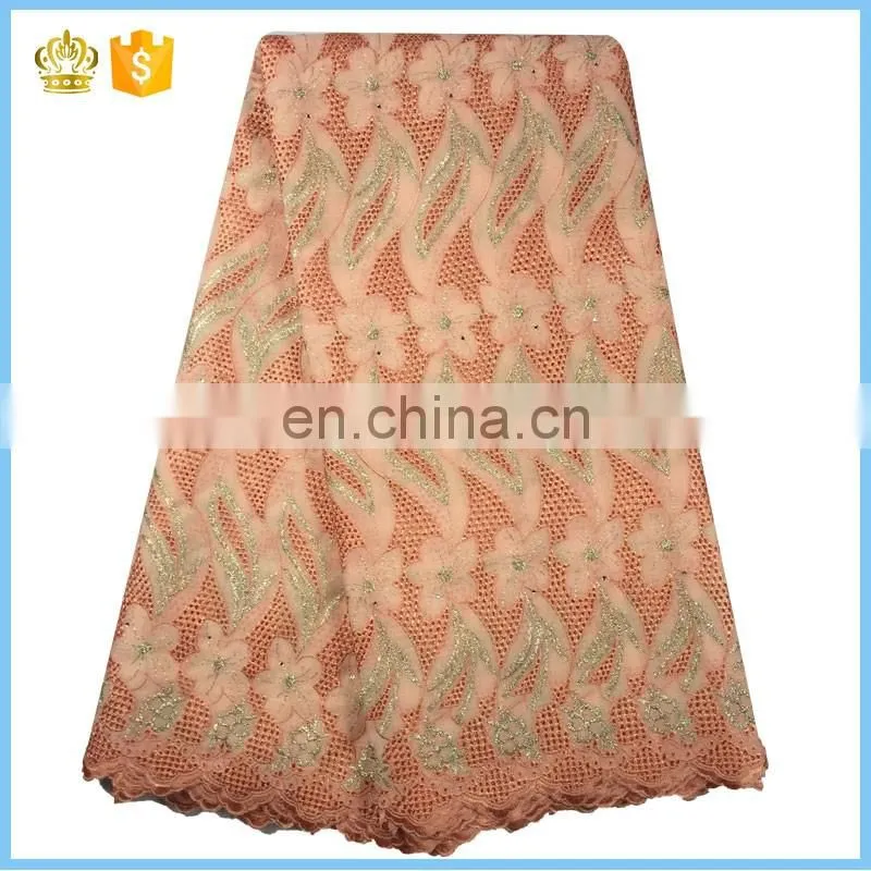 Hot selling swiss voile lace fabric, 100% cotton lace, Embroidery lace fabric with stones for wedding dress F15121112