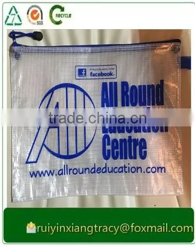 2016 high quality transparent clear pvc zipper document file bag
