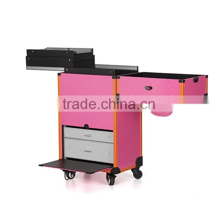 wholesale fushia trolley hairdressing artist case on 360 degree rolling wheels with drawers for makeup