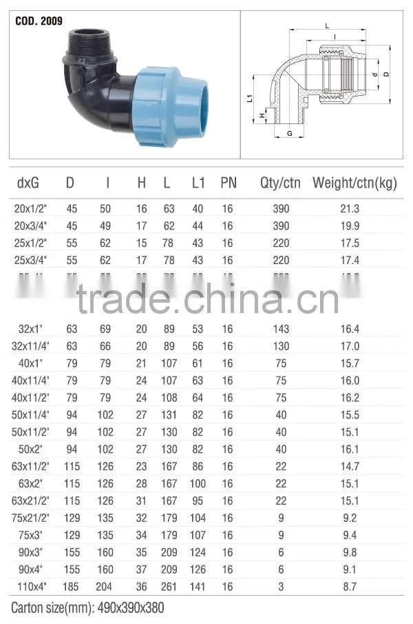 2014 90 ELBOW WITH THREADED MALE TAKE OFF PP COMPRESSION FITTINGS HDPE FITTINGS