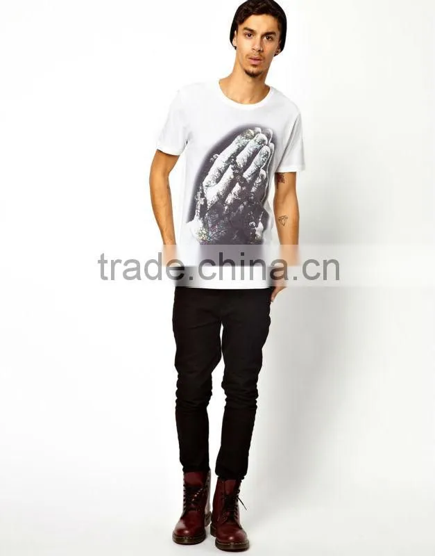 Combed Cotton Vintage T-Shirt with Praying Hands Print