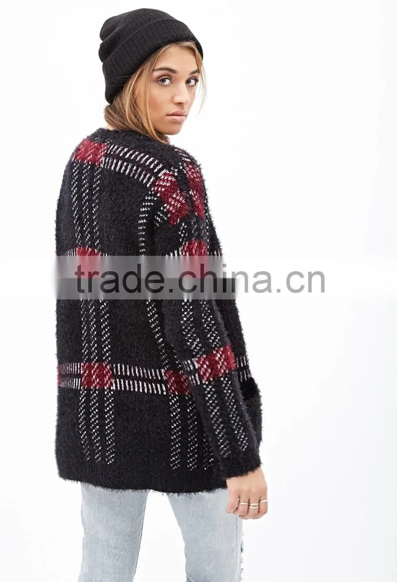 Fuzzy plaid cardigan
