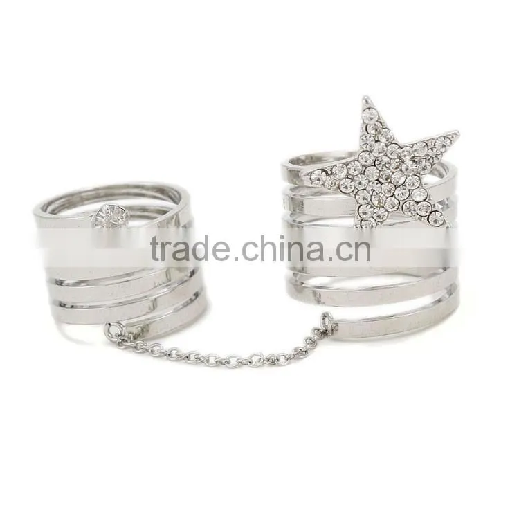star double finger ring with chain, double finger chain ring