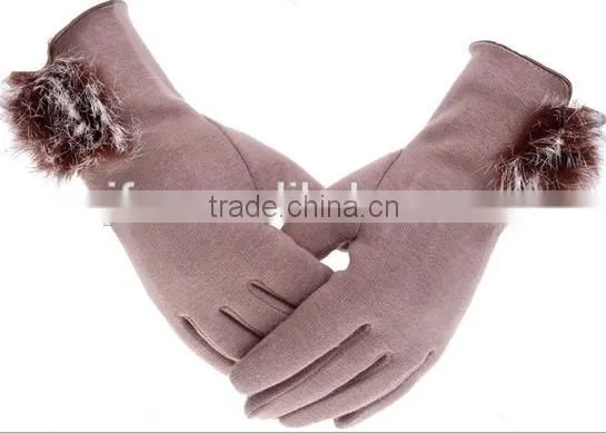 Wholesale Comfortable Winter Girls Rabbit Fur balls Cuff Thick Wool Gloves