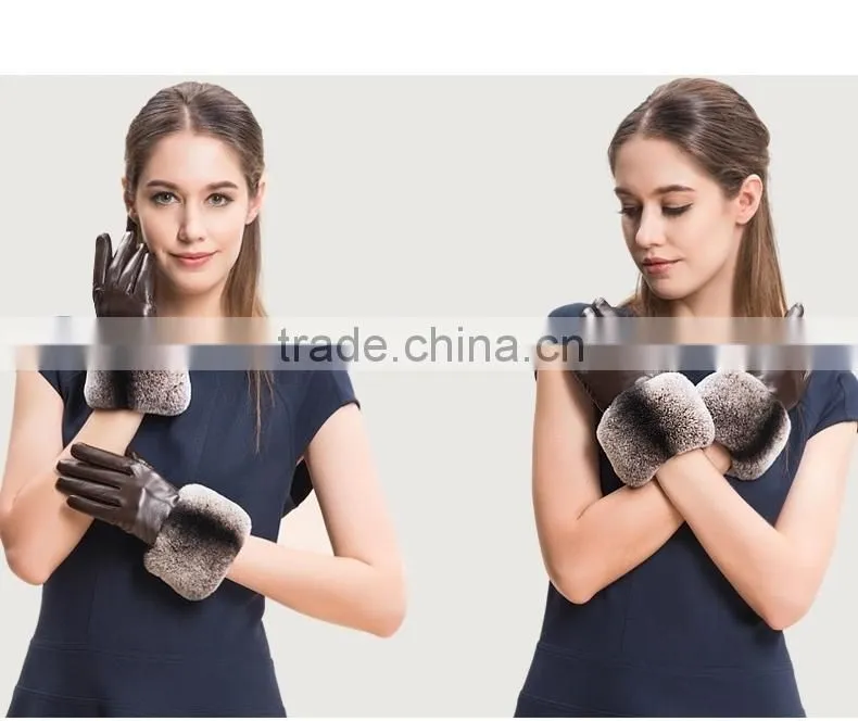 Ladies Wearing Leather Gloves With Gradient Rex Rabbit Fur Trim Genuine Sheep Skin