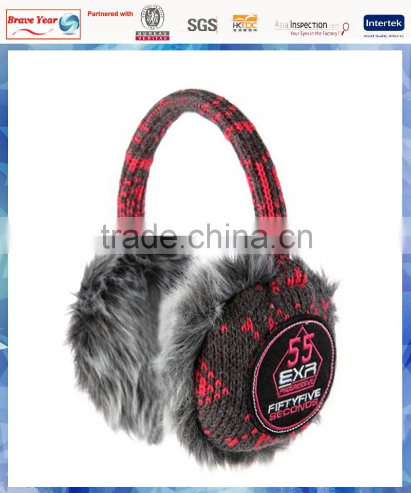 pink and grey fairisle knitted foldable earmuffs with applique