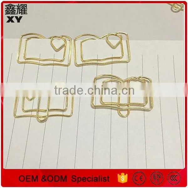 Golden color book shape paper metal clip for school