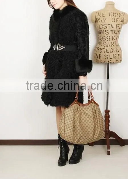 fashion lady's lamb coat for women with fur trim LC96