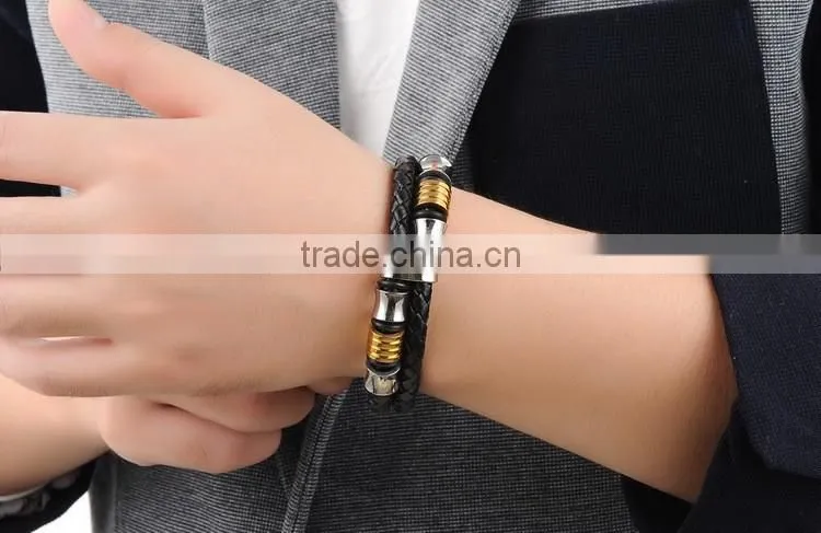 Stainless steel & leather mens bracelet , braided genuine leather bracelet men stainless steel
