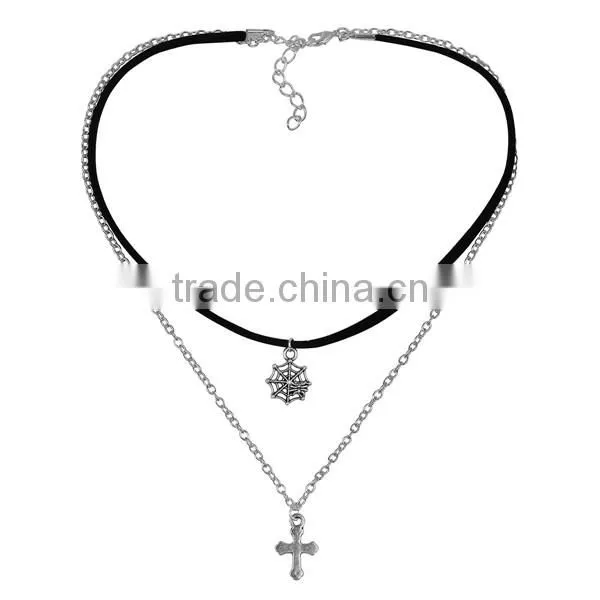 Velvet Suede Double Layer Halloween Choker Necklace Tone & Antique Silver Black Cobweb Cross 33.5cm long
