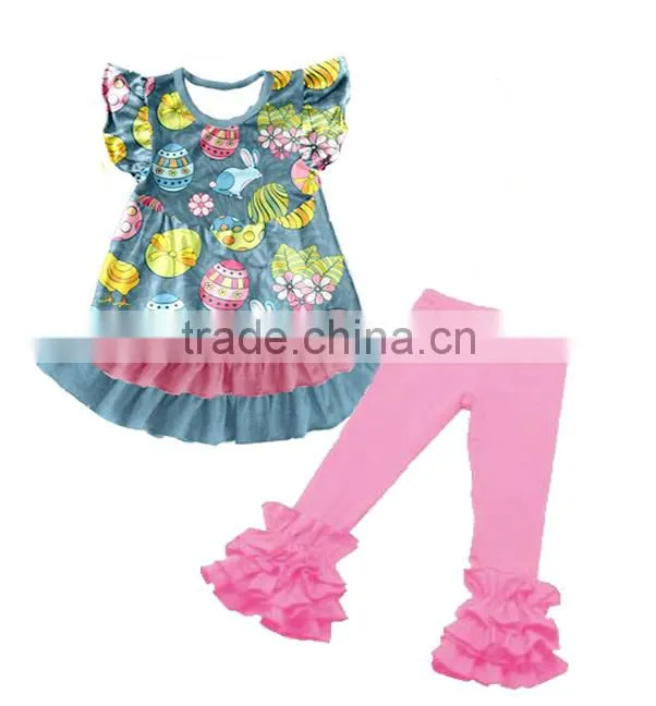 Baby clothes Easter egg printed outfit top dress with short ruffles set for Easter day