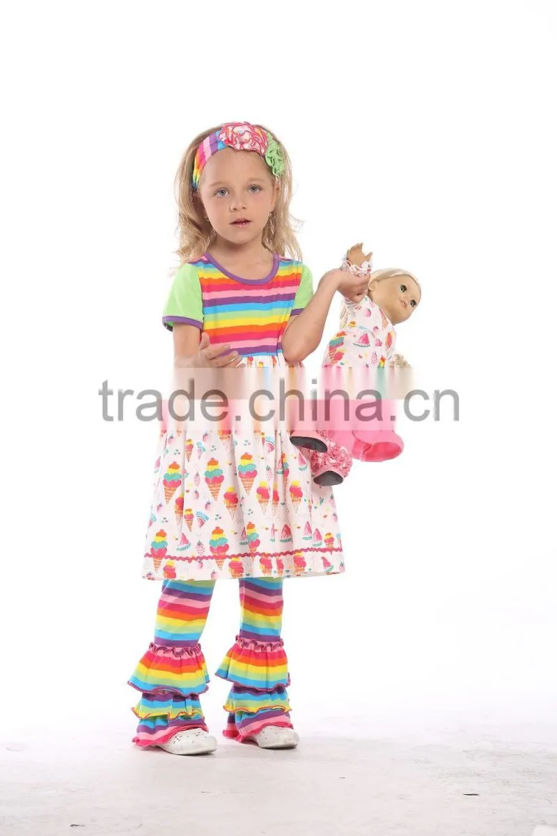 Wholesale girls ruffle sleeve raglan fashion printed icing ruffle raglan shirt and pants girls clothes set