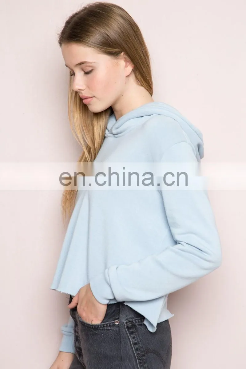 Soft Fleece-lined Pastel blue Cropped Raw Cut Hems Blank Pullover Hoodie