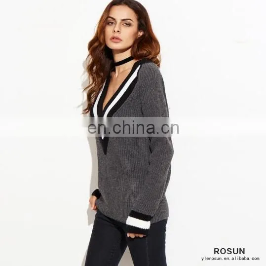 Grey Striped Trim Deep V Neck Knitted Sweater