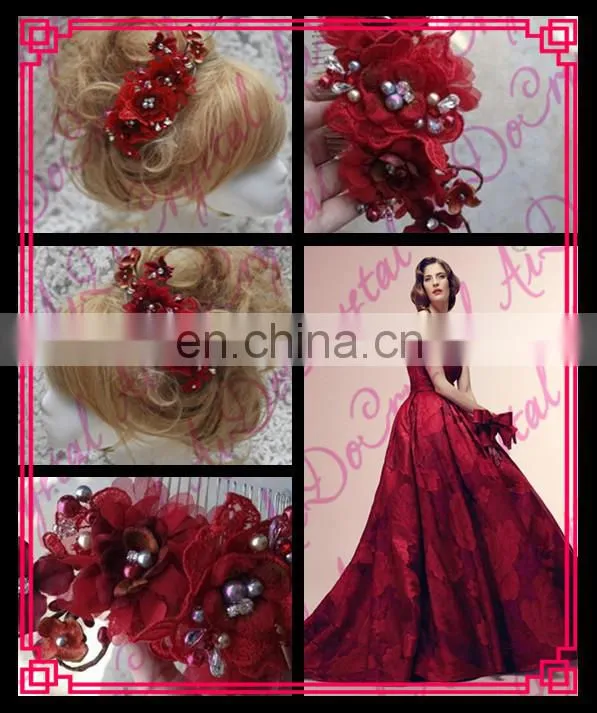 Aidocrystal Red bridal wedding hairpiece,red flower with pearl bridal hair flower accessories, hair clip