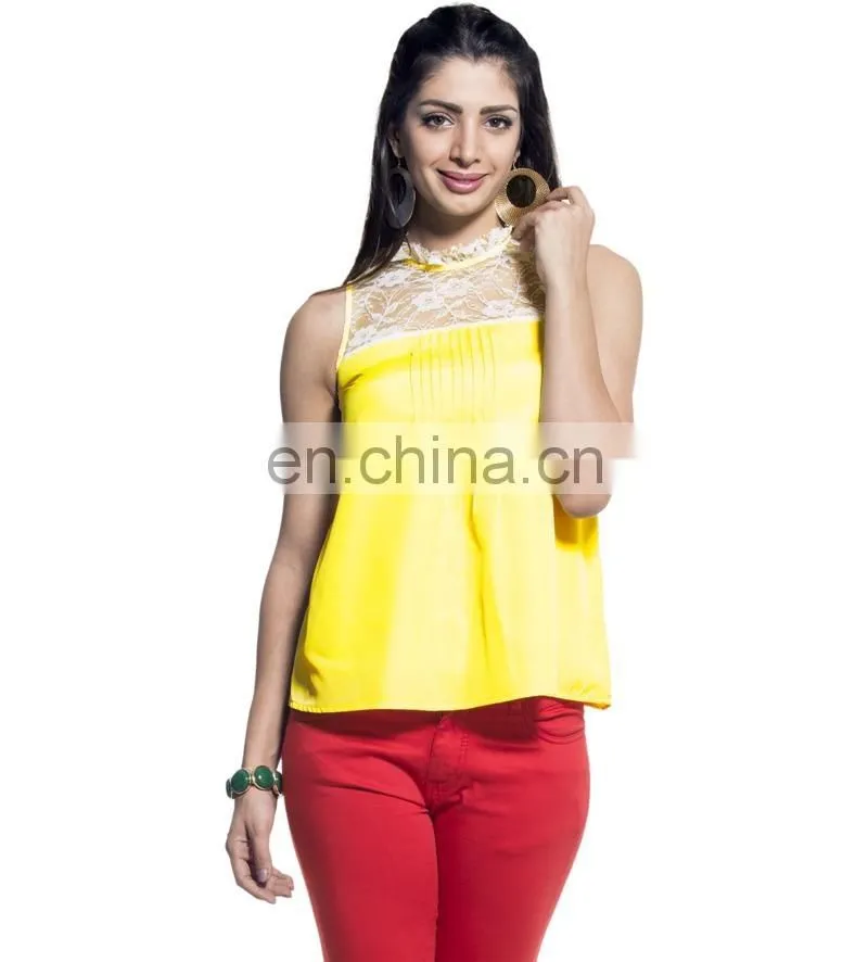 Yellow Sleeveless Lace Yoke Top