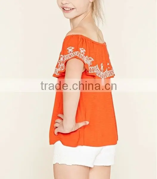 Latest design summer tops 2016 off shoulder floral embroidery design top