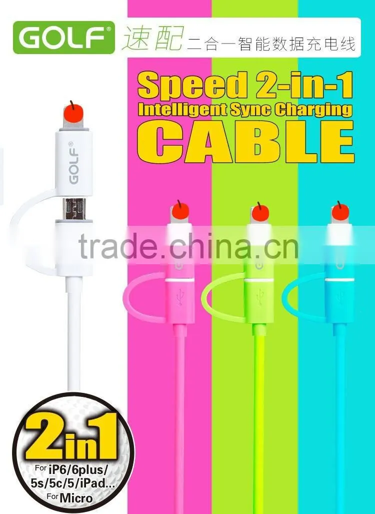 GOLF speed 2in1 intelligent sync charging cable for iphone 5/5s/6s/6s plus 2.1A 105CM Micro USB TPE cable for android device