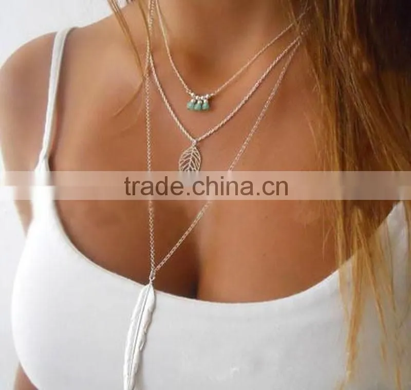 Latest Fancy Design Necklaces Jewelries Bohemia Style Three Tiny Turquoise Hollow Leaf Long Feather Multi Layer Necklaces