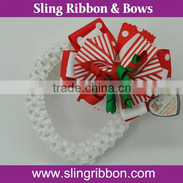 Boutique Dots Printed Grosgrain Ribbon Hair Bows With Elastic Headband