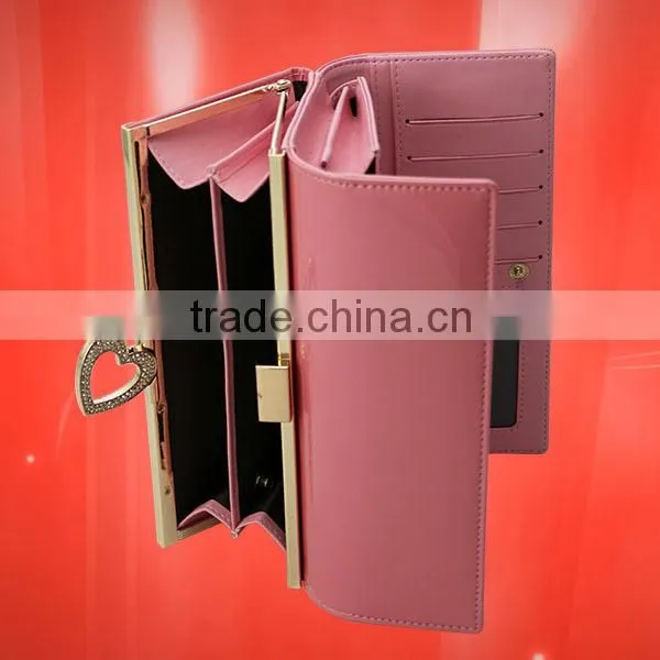 Fashion heart shape metal with diamond design long clutch leather wallet and purse for ladies