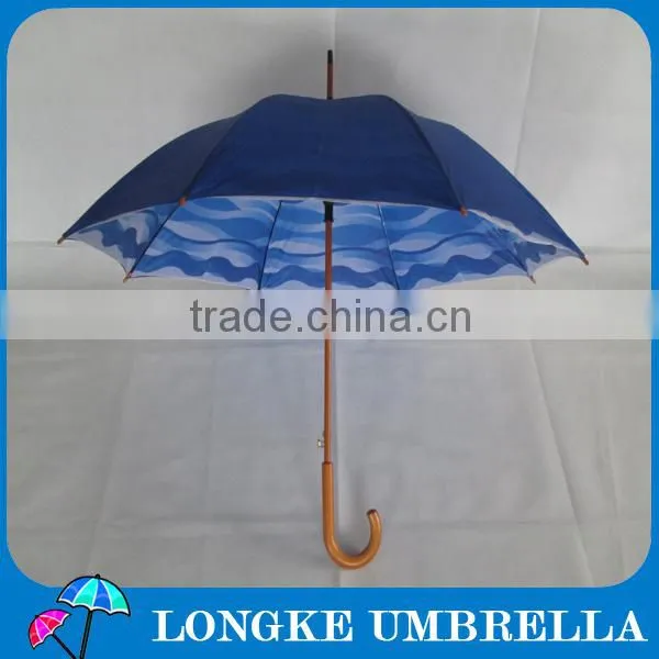 60cm solid color auto open Wooden straight umbrella with inside print