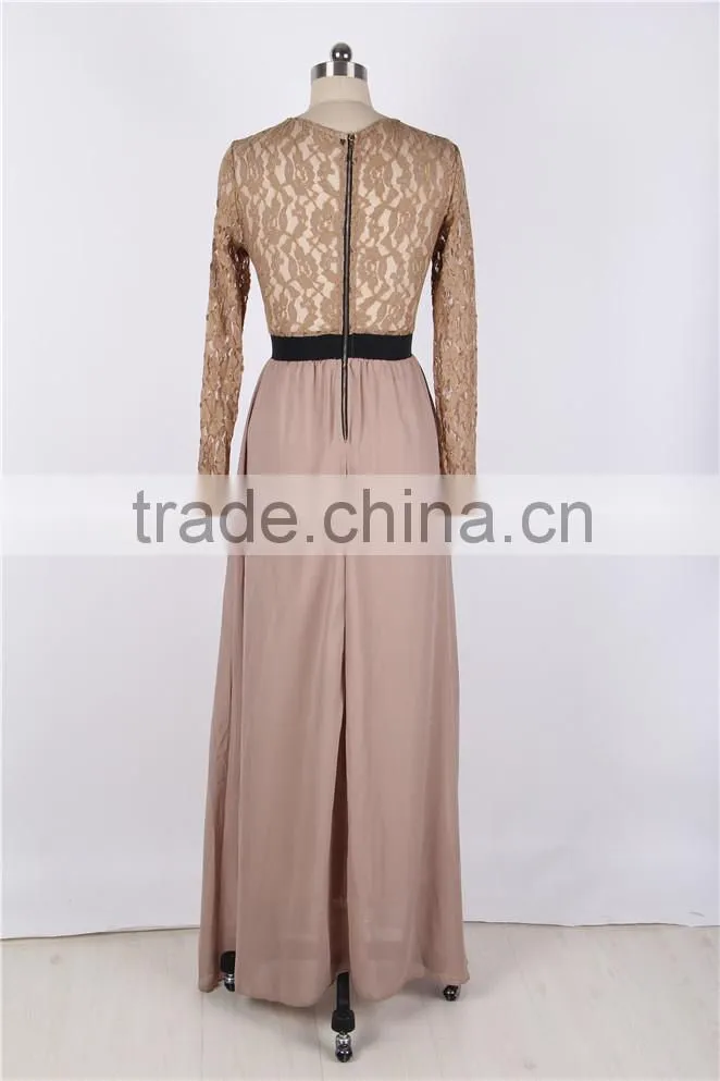2016 New arrival full length long sleeve metallic lace maxi dress for wholesale