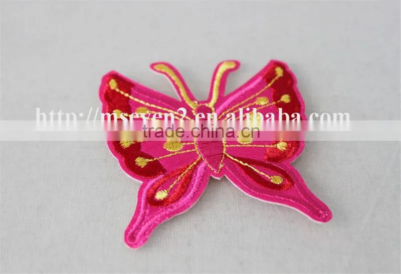 fancy design 7*8cm cotton embrodidery trim patch in pink butterfly design for garment