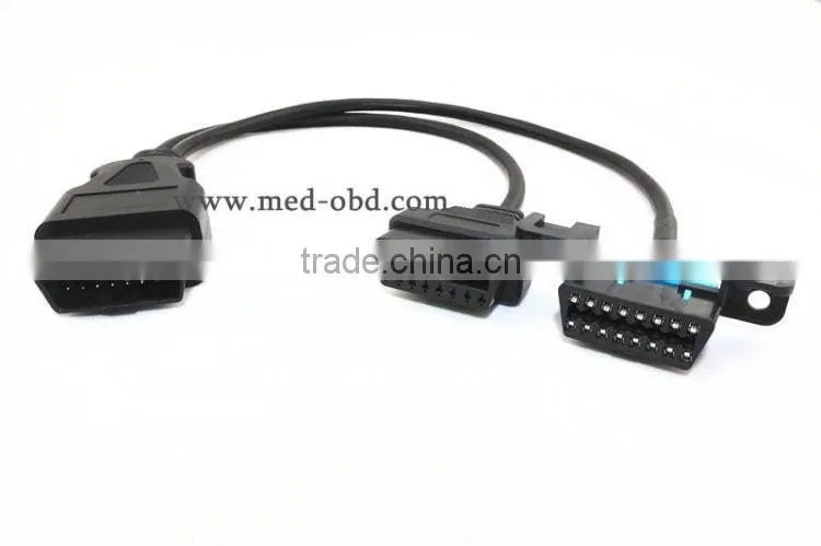 OBD2 Splitter Y Cable, right-angle J1962M to 2 J1962F, 1ft